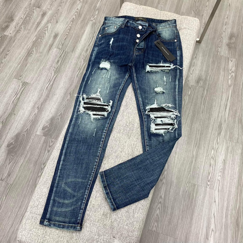 Quần AMIRI Xanh Mài Bạc Gối Đen Quần Bò Nam Xanh Khóii Ống Côn Gối Vá Họa Tiết Trend