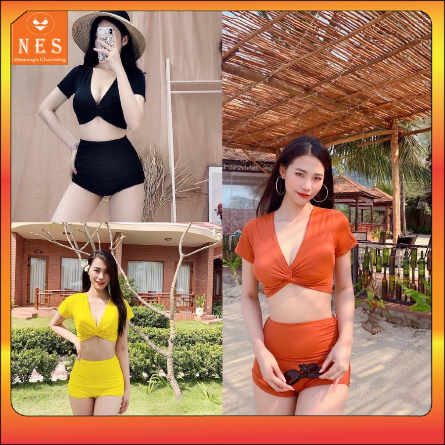 Bikini đi biển cạp cao 2 mảnh xoắn ngực quần đùi đồ bơi nữ sexy