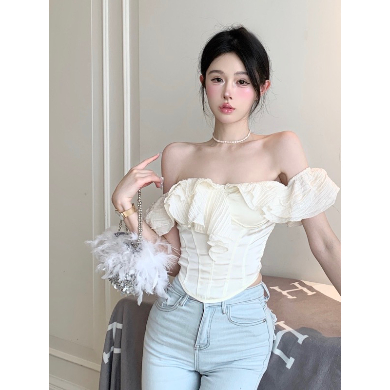( ORDER ) Áo Bẹt Vai Phối Bèo Dạng Corset Vạt Bầu