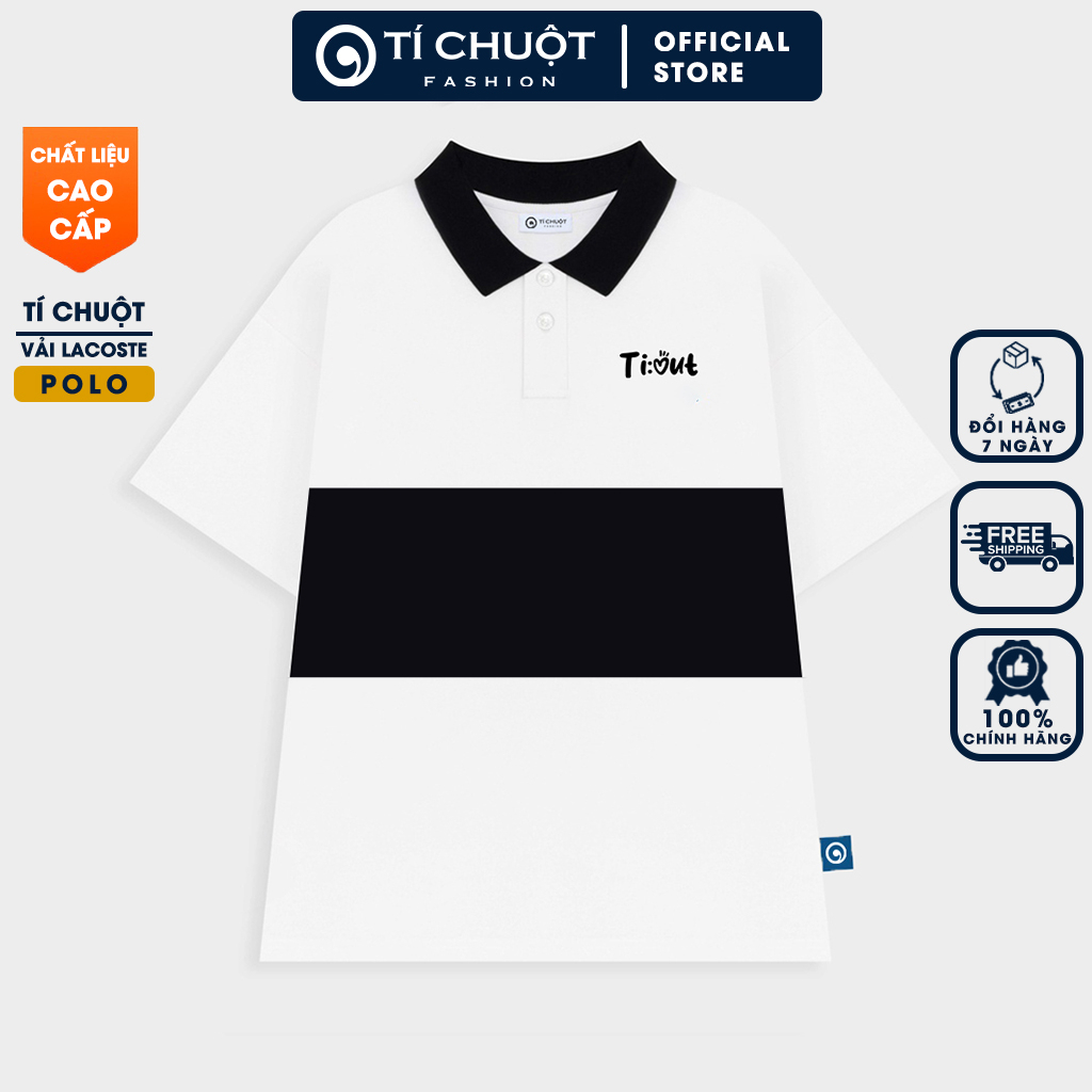 Áo polo sọc nam nữ màu trắng phối đen logo thêu, Áo cổ bẻ phối kẻ sọc unisex tay lỡ form rộng - Tí Chuột Fashion