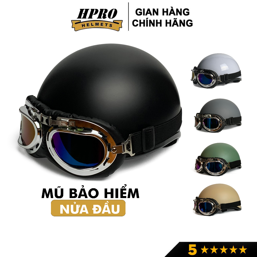 Mũ bảo hiểm nửa đầu Hpro Helmets nhiều màu sắc thời trang, cá tính, kèm kính UV, phi công, Freesize 