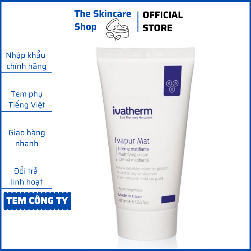 Kem Dưỡng Ẩm Giảm Bóng Nhờn Ivatherm Ivapur Mat Mattifying Cream dành cho da dầu mụn, da hỗn hợp, da nhạy cảm 40ml