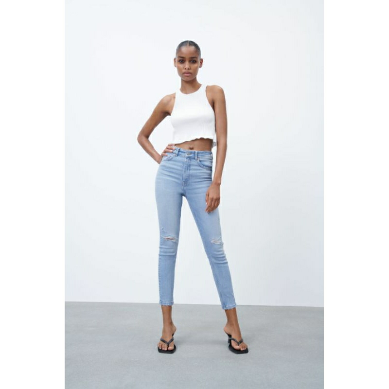 ZARA AUTHENTIC  Quần jean ôm rách gối ZARA màu xanh nhạt Size 36