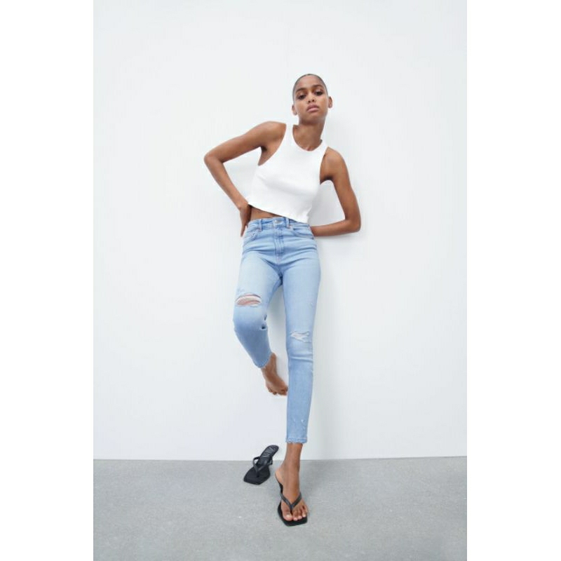 ZARA AUTHENTIC  Quần jean ôm rách gối ZARA màu xanh nhạt Size 36