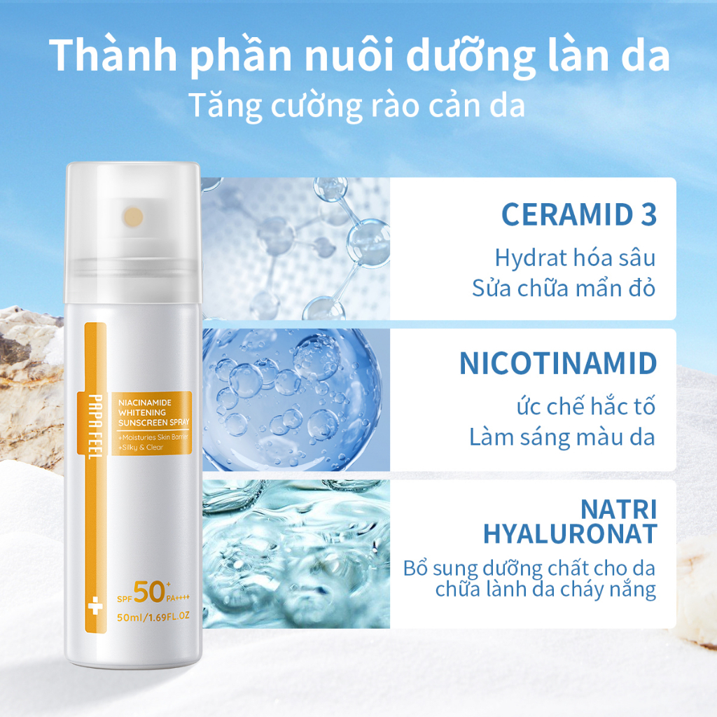 PAPA FEEL Xịt chống nắng SPF50 PA++++  UVA/UV chống tia cực tím cho mặt và cơ thể giúp 50ml