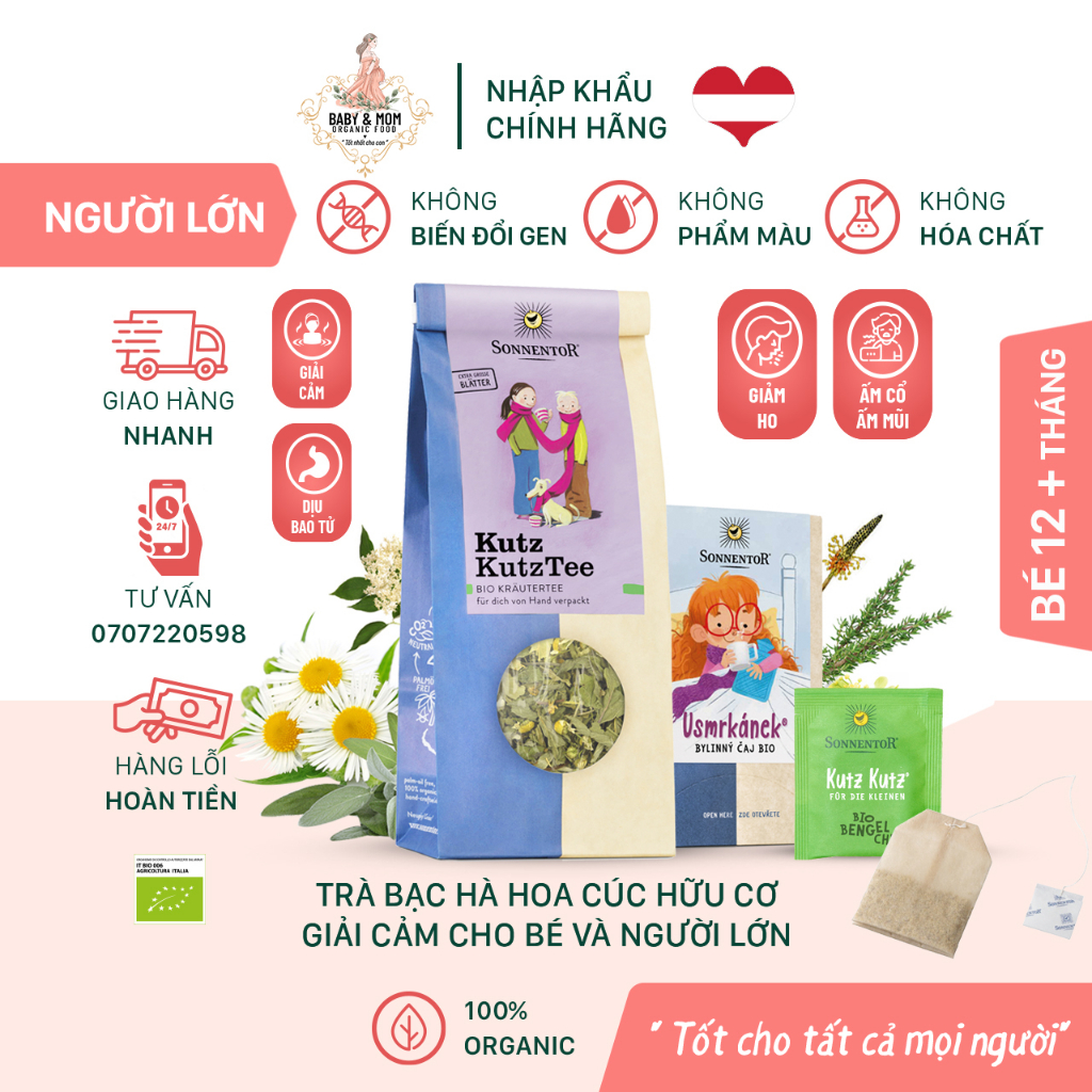 Trà bạc hà hoa cúc hữu cơ giải cảm CHO BÉ VÀ NGƯỜI LỚN Sonnentor