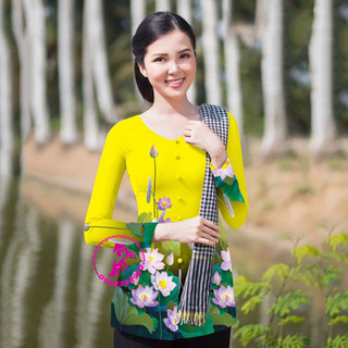 Áo bà ba lụa nhật in hoa sen màu vàng cổ tim - nam phương - ln3d73