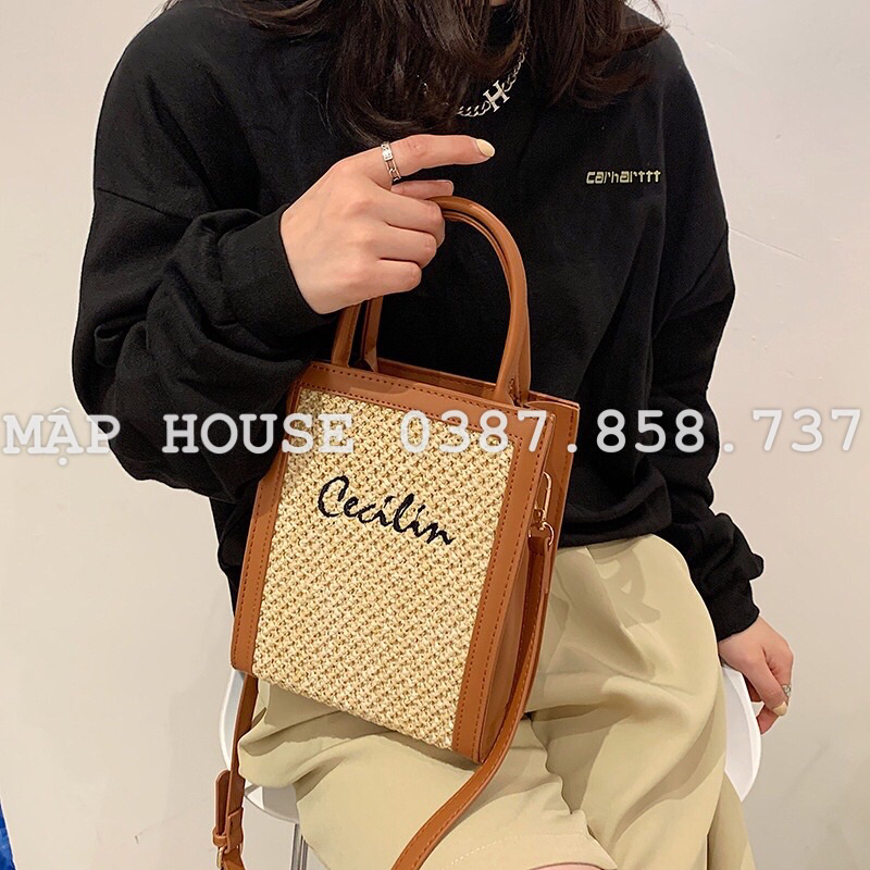 Túi Poly phối da thêu chữ Cecilin