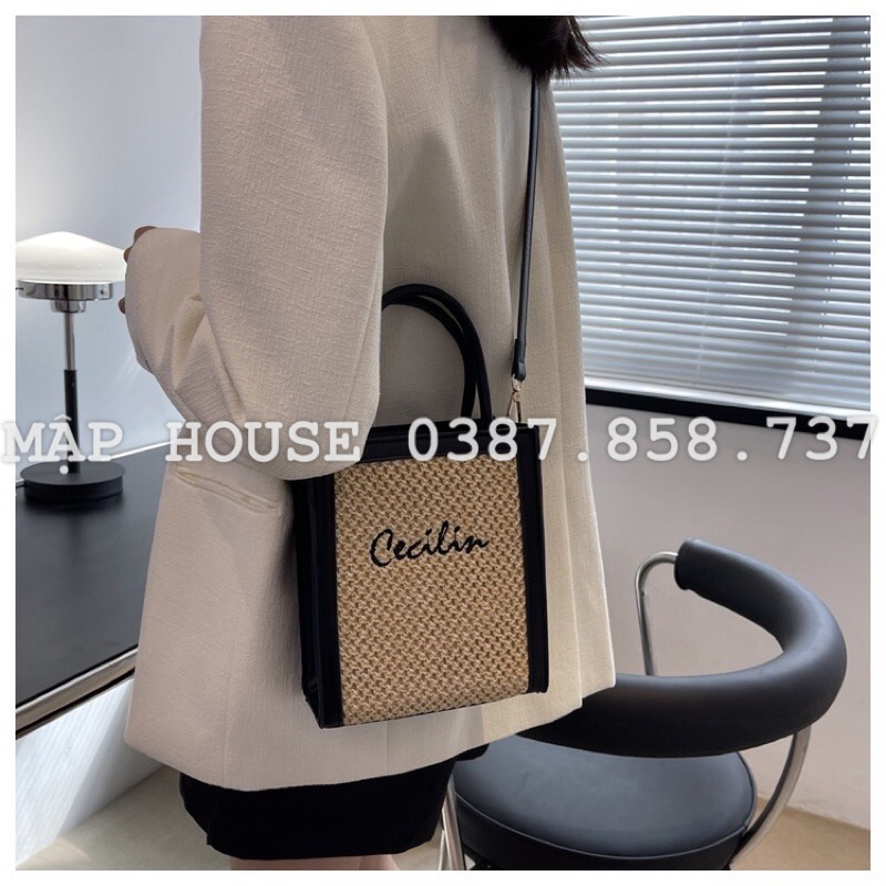Túi Poly phối da thêu chữ Cecilin