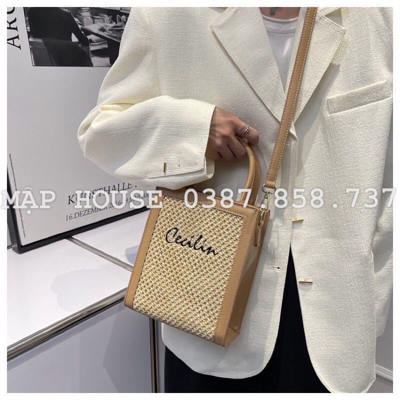 Túi Poly phối da thêu chữ Cecilin