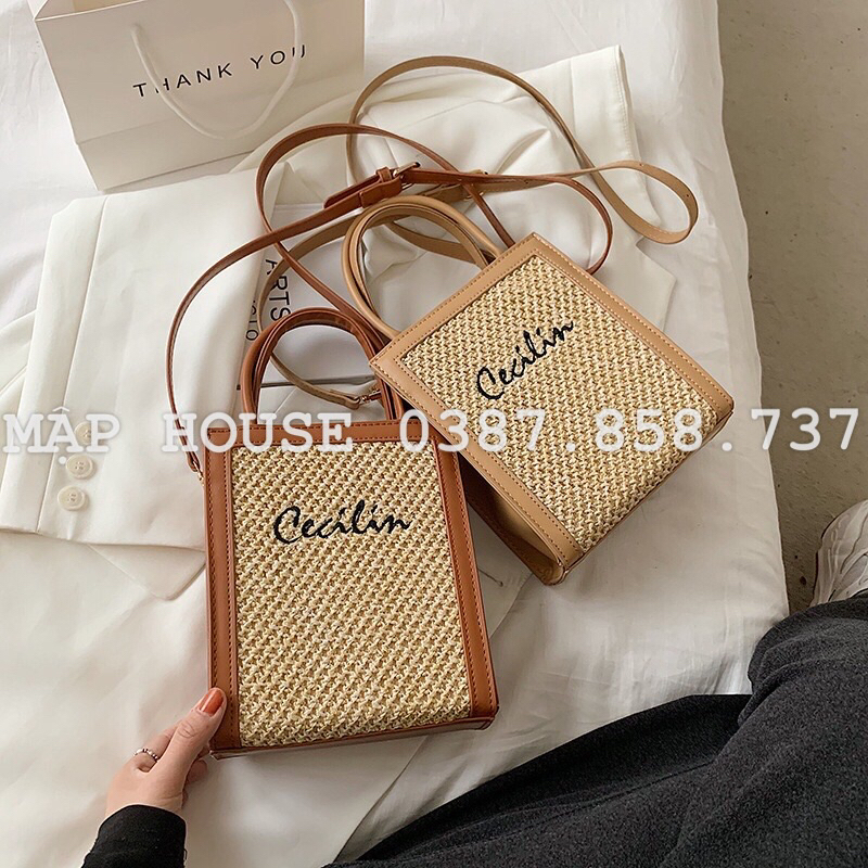 Túi Poly phối da thêu chữ Cecilin