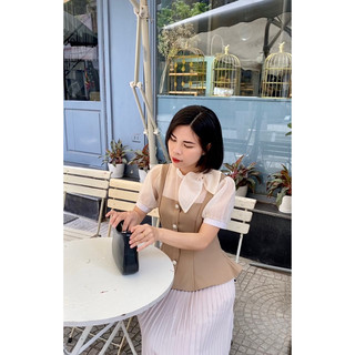 Áo peplum cúc ngọc cổ nơ