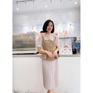 Áo peplum cúc ngọc cổ nơ