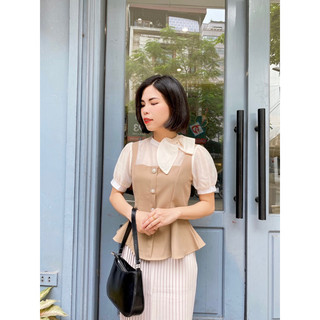 Áo peplum cúc ngọc cổ nơ