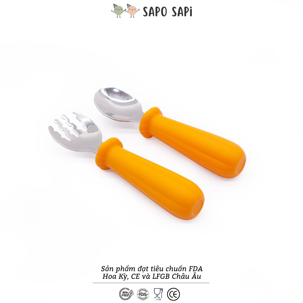 Bộ bát ăn dặm Premium Silicon đế hít chống đổ kèm thìa dĩa ăn dặm inox: Pumkin set