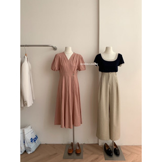 Váy Linen thô cổ V cúc eo 60088