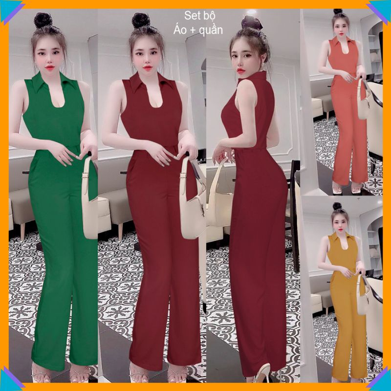 Set bộ nữ quần dài ống suông áo sơ mi cổ yếm khoét ngực xinh xắn J1218