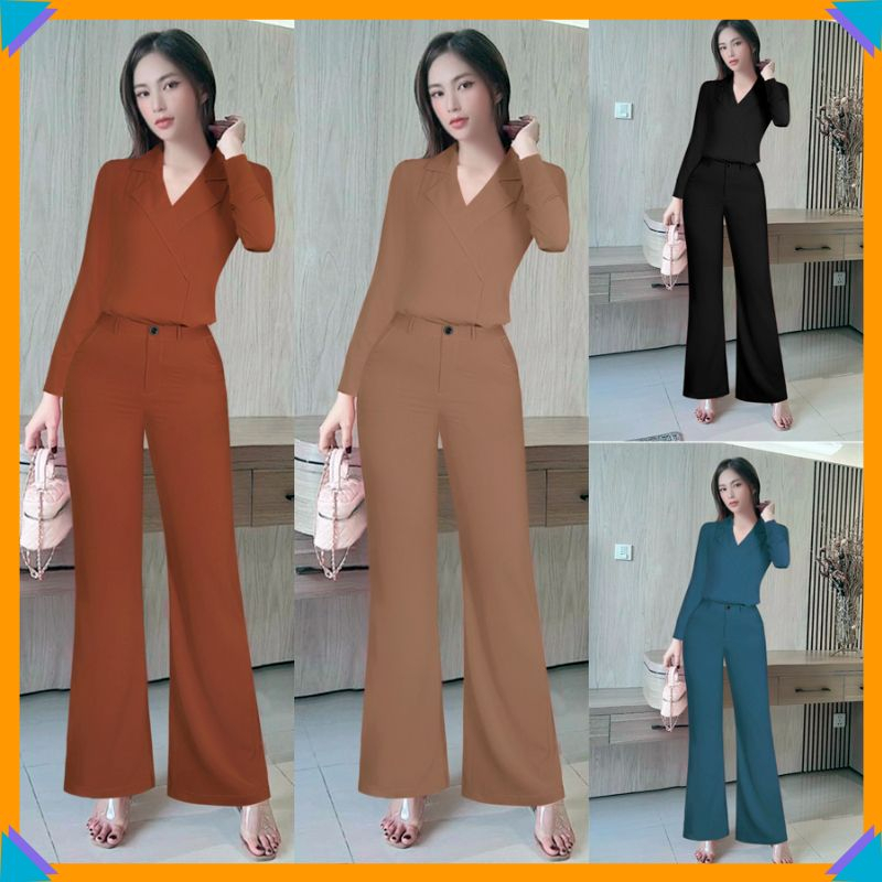 Set nữ bộ quần dài ống suông áo sơ mi cổ vest xinh xắn J1219