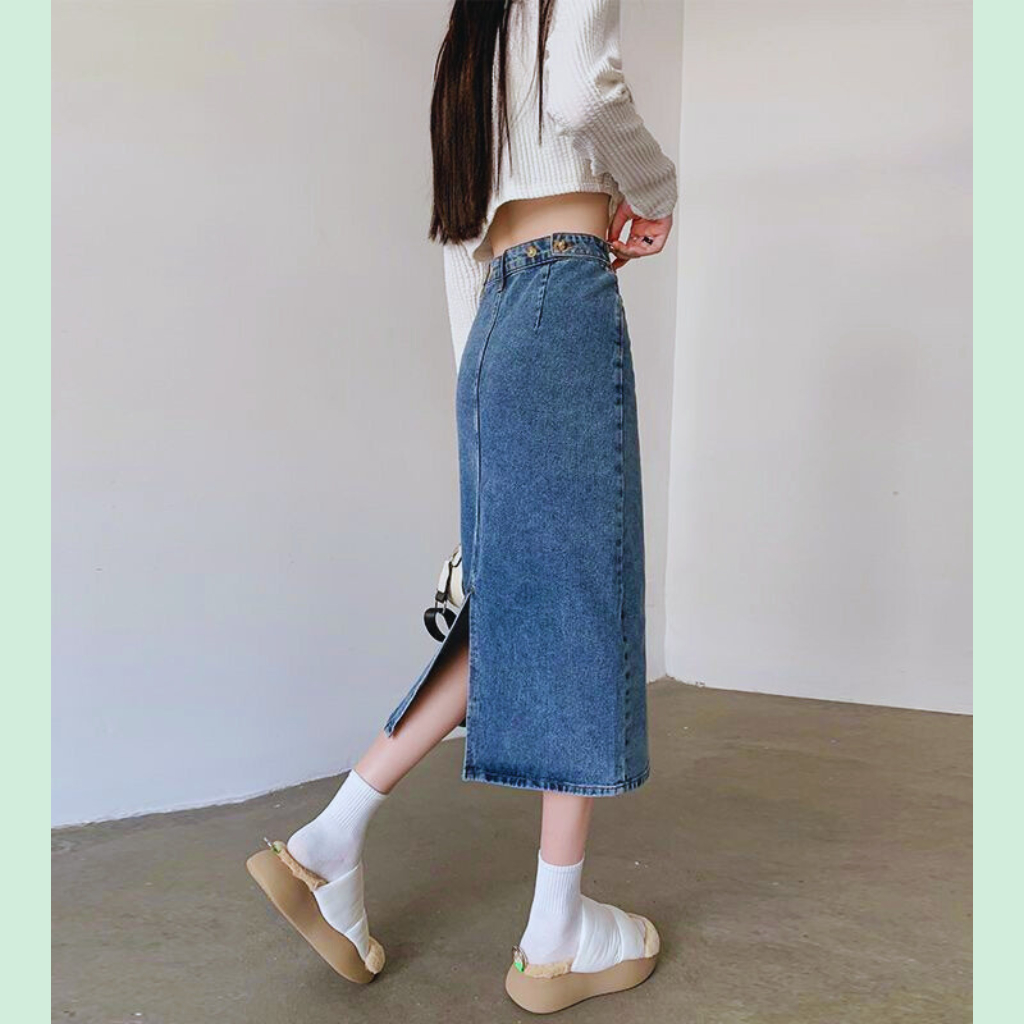 Chân Váy Jean xẻ tà sau,chân váy bò dáng dài cạp cao thời trang | BigBuy360 - bigbuy360.vn