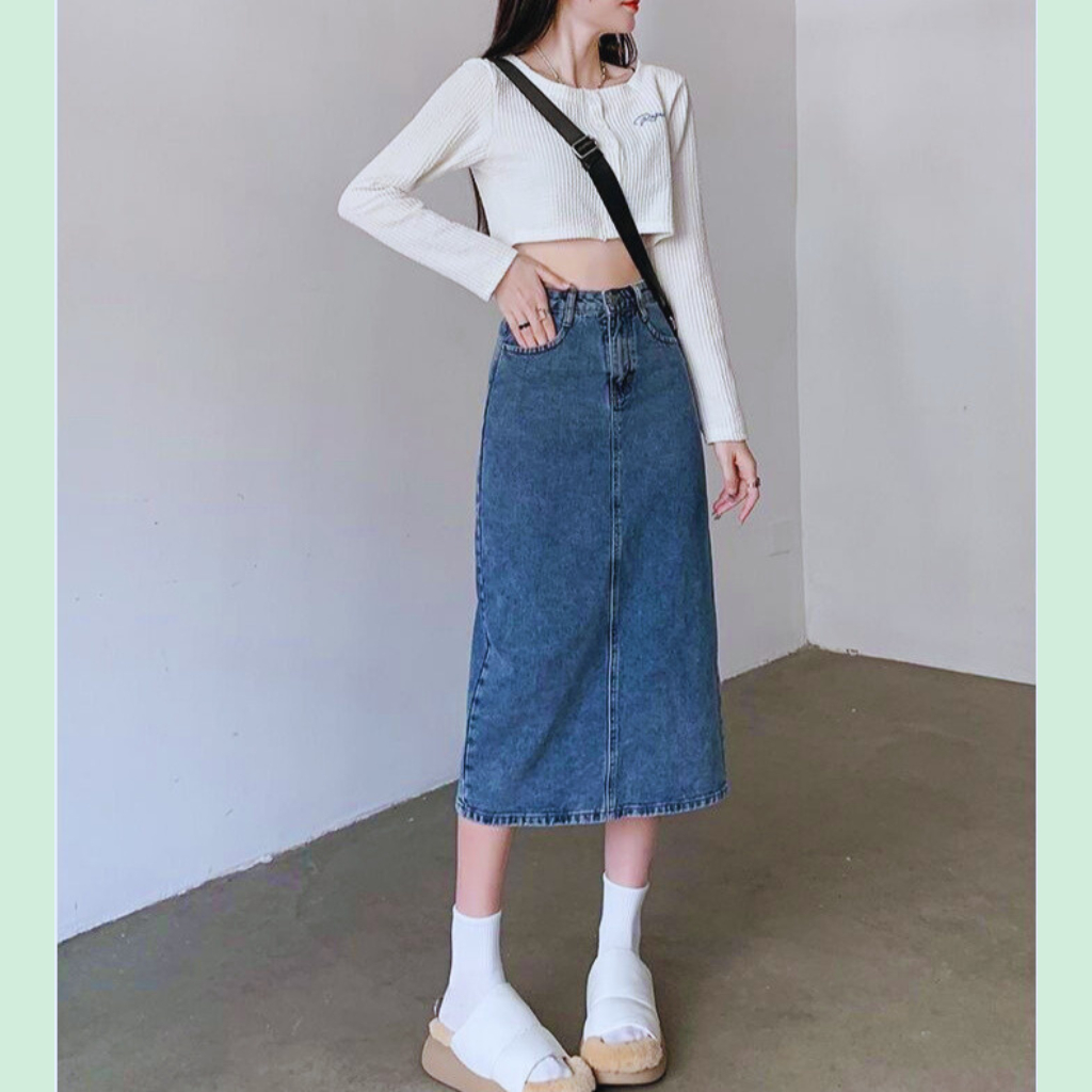 Chân Váy Jean xẻ tà sau,chân váy bò dáng dài cạp cao thời trang | BigBuy360 - bigbuy360.vn
