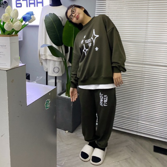 Set nỉ chân cua sweater và quần dài xanh rêu FW23 67AH