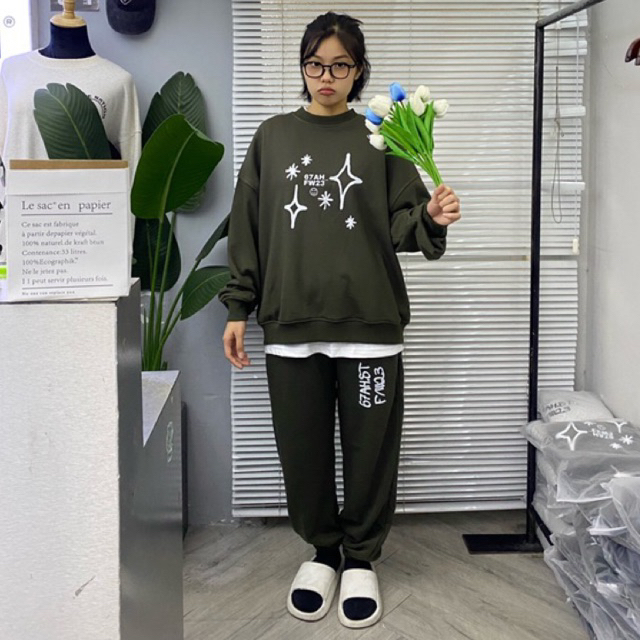 Set nỉ chân cua sweater và quần dài xanh rêu FW23 67AH