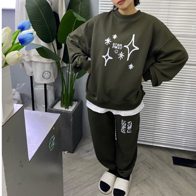 Set nỉ chân cua sweater và quần dài xanh rêu FW23 67AH