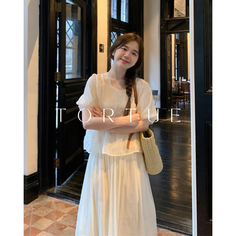 V171 Set áo babydoll chân váy lụa dài tiểu thư nhẹ nhàng mùa hè phong cách Pháp Retro Vintage Taobao mới 2023