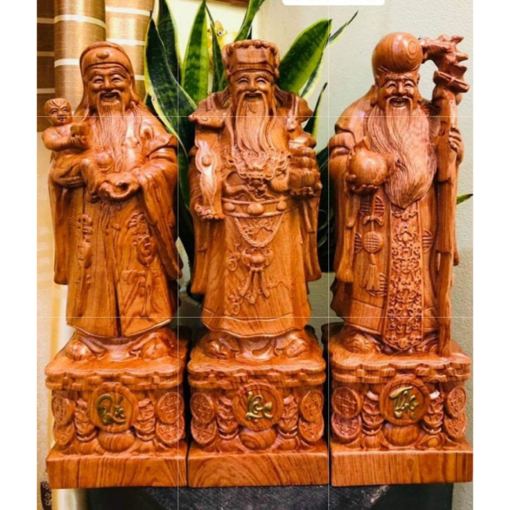 Bộ Tượng Phúc Lộc Thọ,Bộ Tượng Tam Đa Gỗ Hương nguyên khối siêu nặng, vân gỗ đẹp cao 30 CM