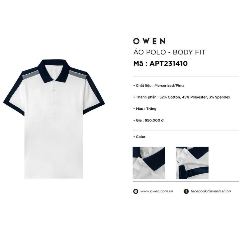Áo polo owen màu trắng vai kẻ navy body fit vải cotton APT231410