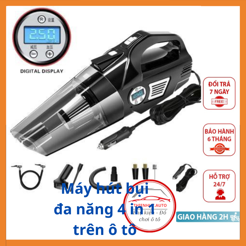Máy bơm lốp kiêm hút bụi ô tô xe hơi công suất 120W 4 trong 1 hút bụi, bơm lốp, đo áp suất lốp, đèn pin chiếu sáng