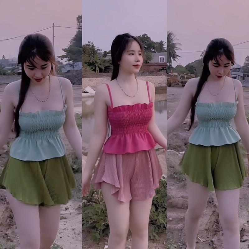 Set Bộ Áo Dây Caro Nhún Xoè + Quần Short Đùi Loe Dập Ly