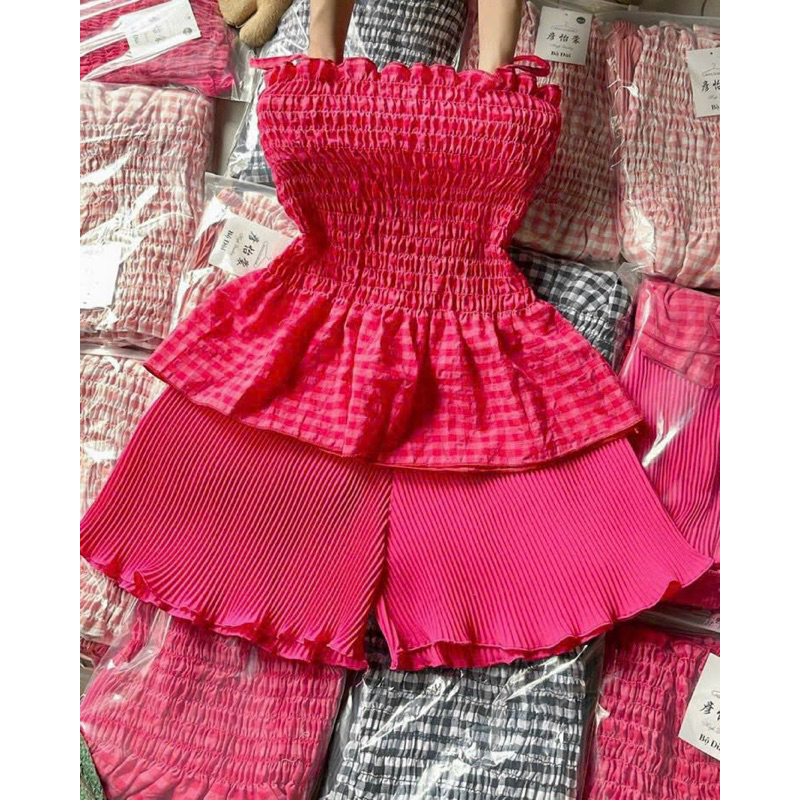 Set Bộ Áo Dây Caro Nhún Xoè + Quần Short Đùi Loe Dập Ly