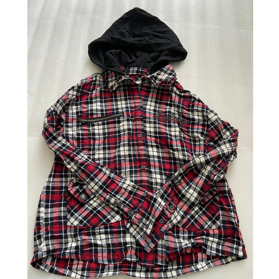 ÁO SƠ MI SỌC ĐỎ ĐEN, CÓ NÓN COTTON - VẢI DẦY - CÓ THỂ THÁO RỜI MŨ