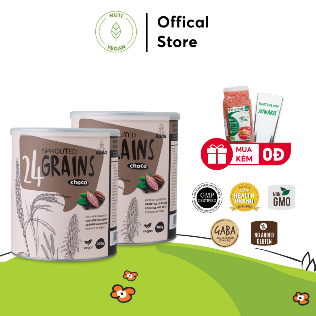 Combo 2 Hộp Sữa Hạt Vị Cacao 24Grains Nhập Khẩu Malaysia Hộp 700g, Sữa Hữu Cơ Thuần Chay Không Đường Người Lớn-nutivegan