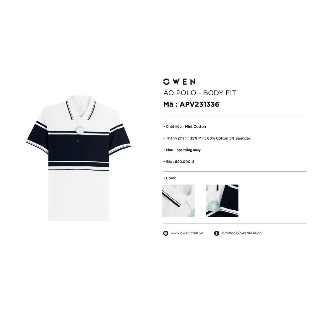 Áo polo owen màu trắng kẻ navy ngực body fit vải cotton bạc hà APV231336
