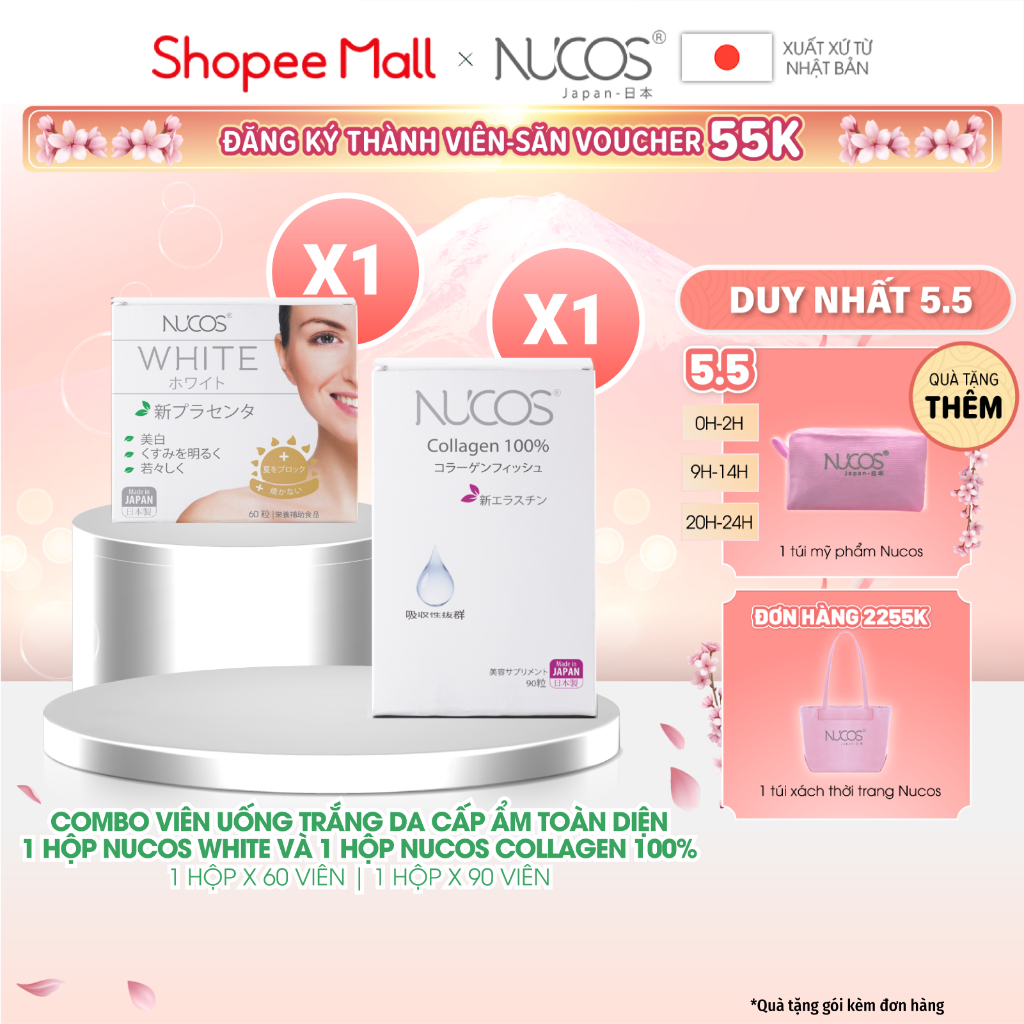 Combo viên uống trắng da cấp ẩm toàn diện Nucos White và Nucos Collagen 100% 2 hộp