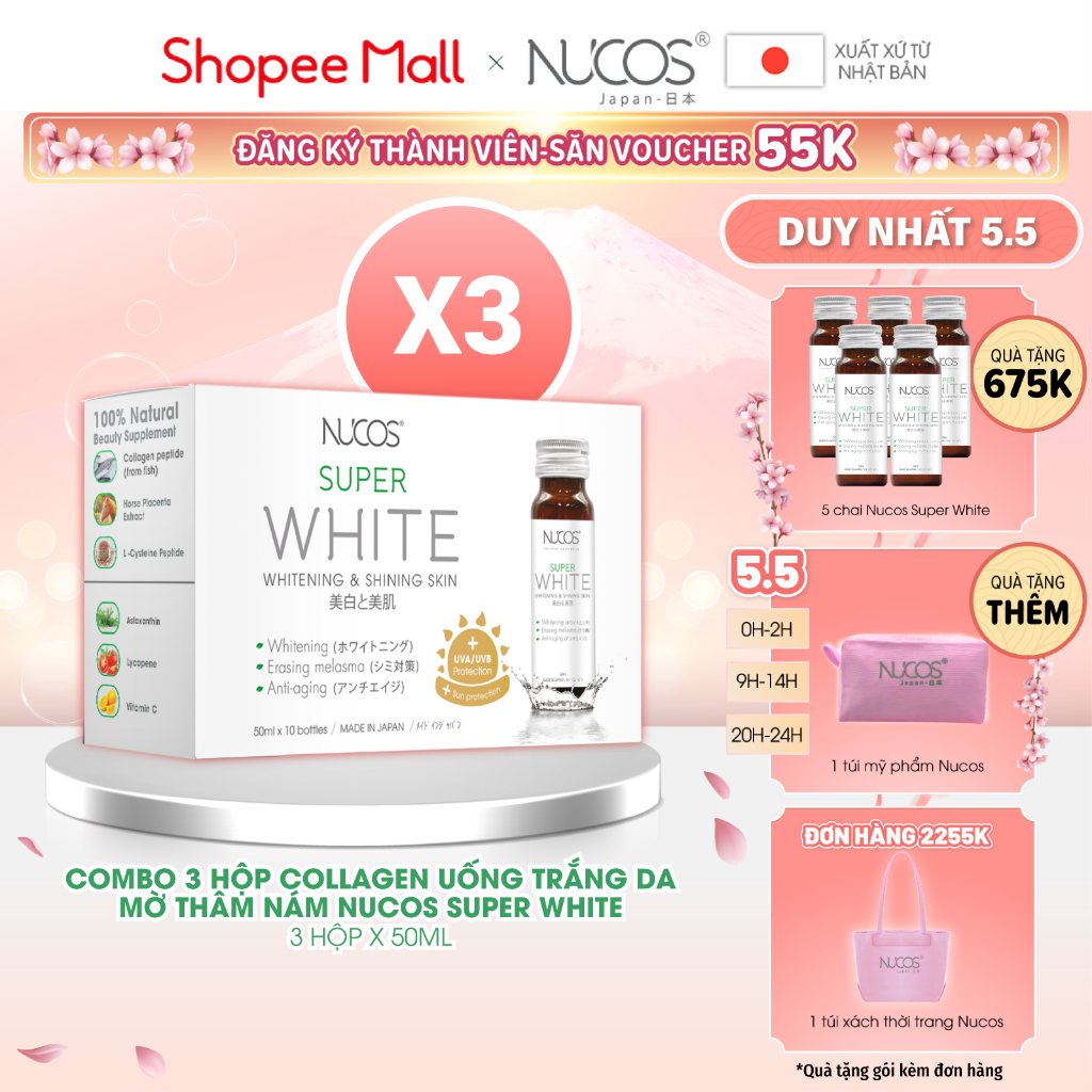 Combo 3 hộp nước uống collagen trắng da mờ thâm nám Nucos Super White 50ml x 3 x 10 chai