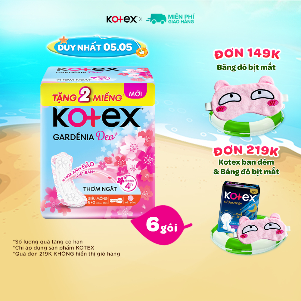 Combo 6 gói băng vệ sinh Gardenia Deo+ - Hoa Anh Đào Mặt Bông siêu mỏng cánh/không cánh 23cm 8 miếng