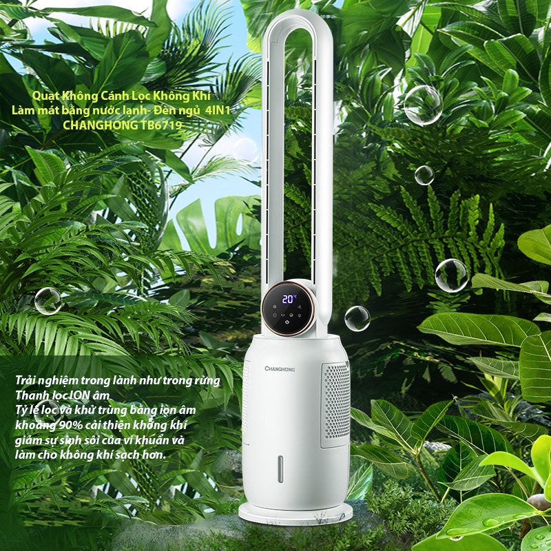 Quạt Không Cánh Lọc Không Khí Làm Mát Bằng Hơi Nước - Khử Trùng tiaUV 5IN1 CHANGHONG -Tốc độ Gió-Tạo lon Âm kiềm Đèn Ngủ