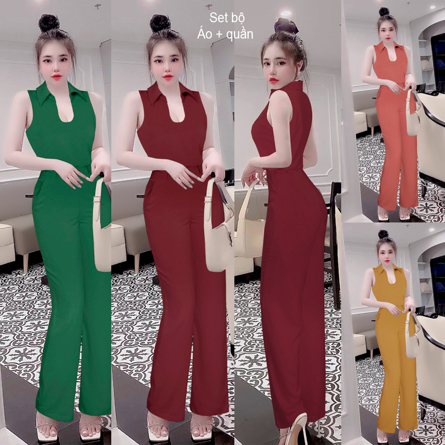 Bộ nữ quần dài ống suông áo sơ mi cổ yếm khoét ngực xinh xắn TJ1218
