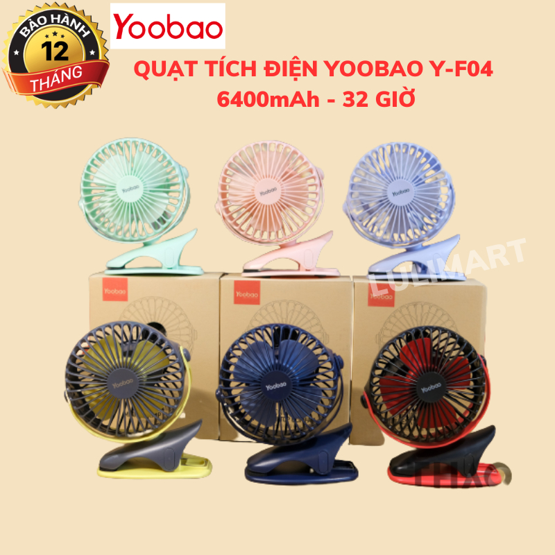 Quạt Tích Điện Yoobao F04 2500/ 6400 mAh Xoay 720 Độ , Đế Kẹp Đa Năng Có 4 Chế Độ Gió