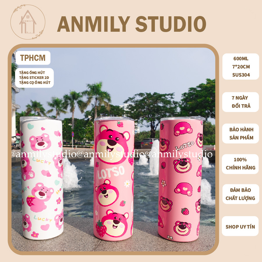 Ly giữ nhiệt gấu dâu LOTSO 600ml ANMILY CUP hình trụ cao cấp SUS304 an toàn có ống hút kèm theo| ANMILYSTUDIO