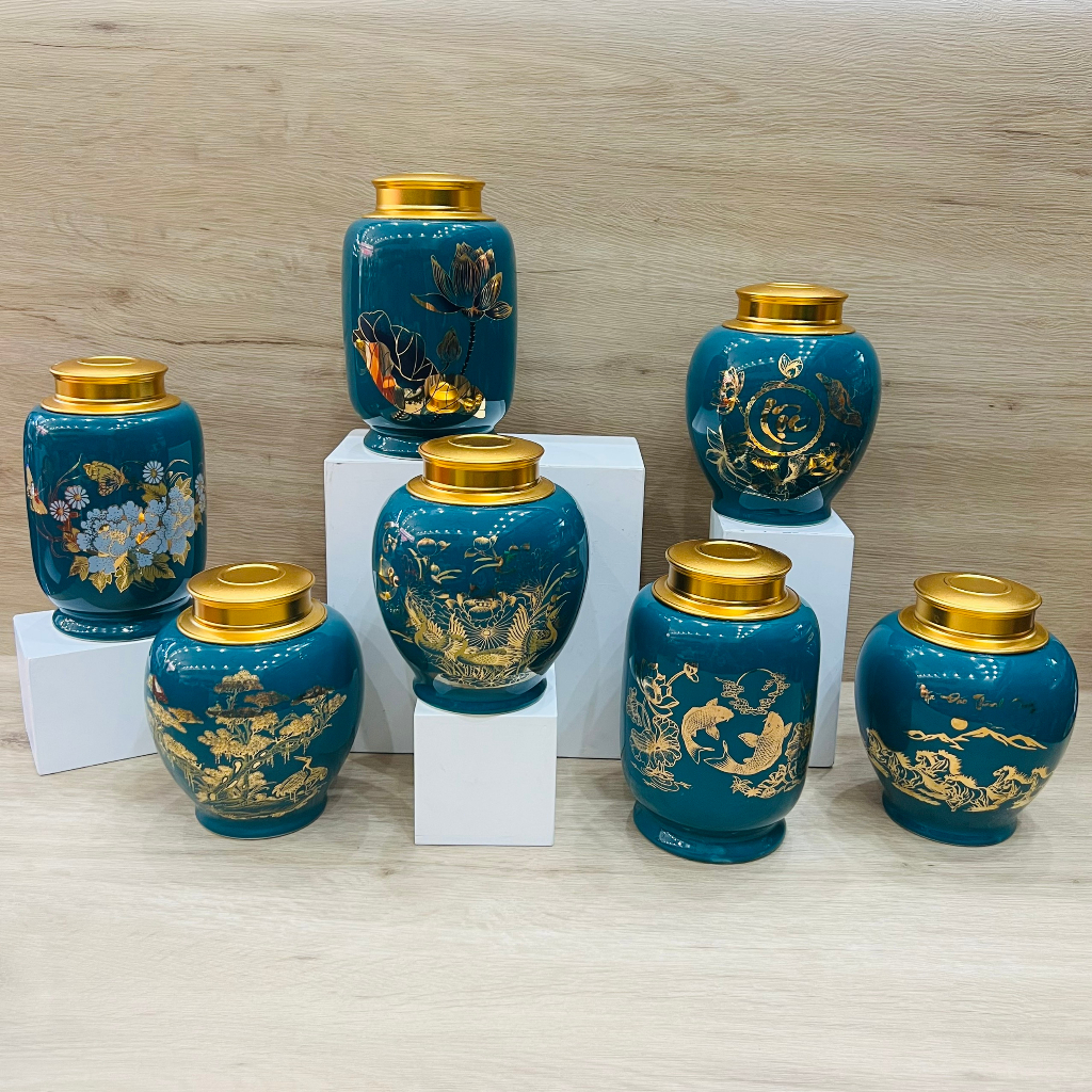 Hộp Đựng Chè Cao Cấp Vẽ Vàng Kim Bát Tràng, Hộp Đựng Trà Có 2 Nắp Đóng Chân Không, Chứa Được 3 Lạng Trà