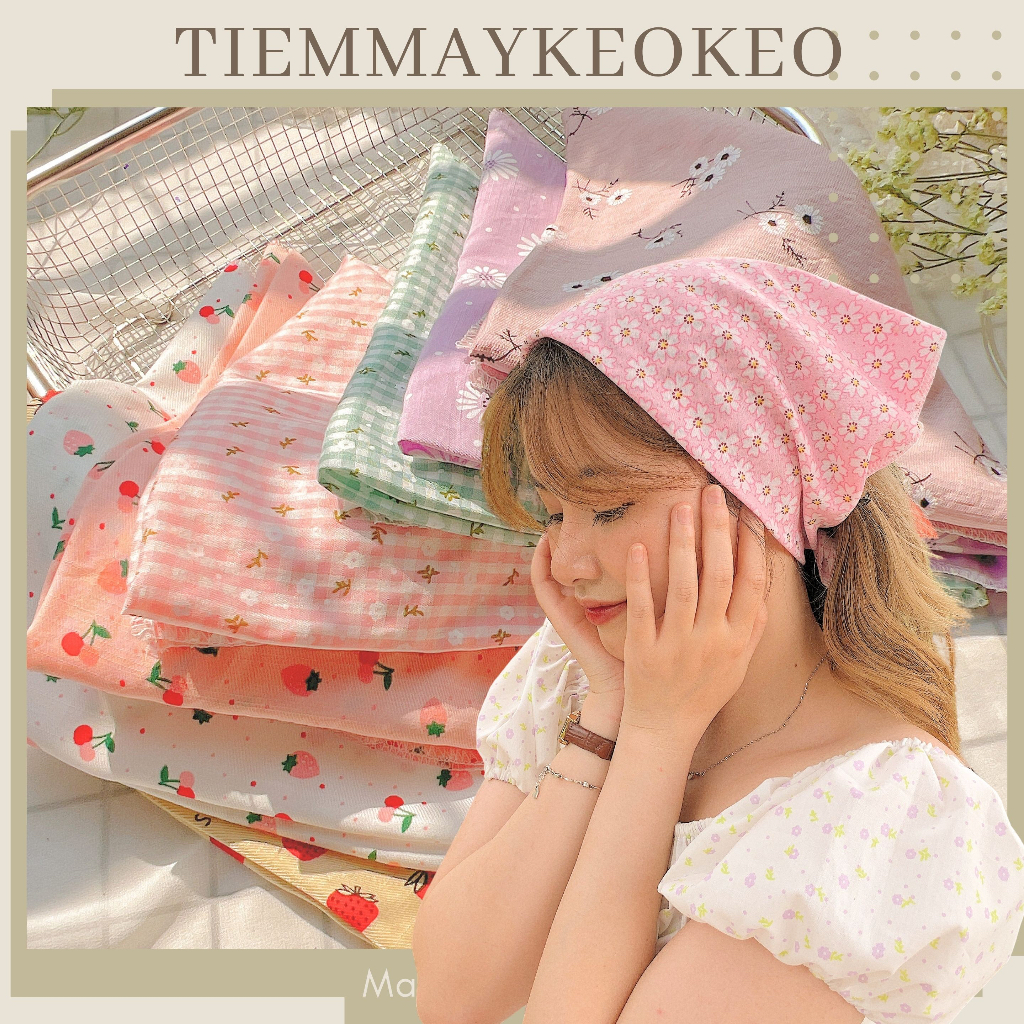 Khăn vải bandana turban cho nữ TIEMMAYKEOKEO tone xanh mint vải cotton 100% hoa nhí mềm mại vintage kích thước 50x50 cm