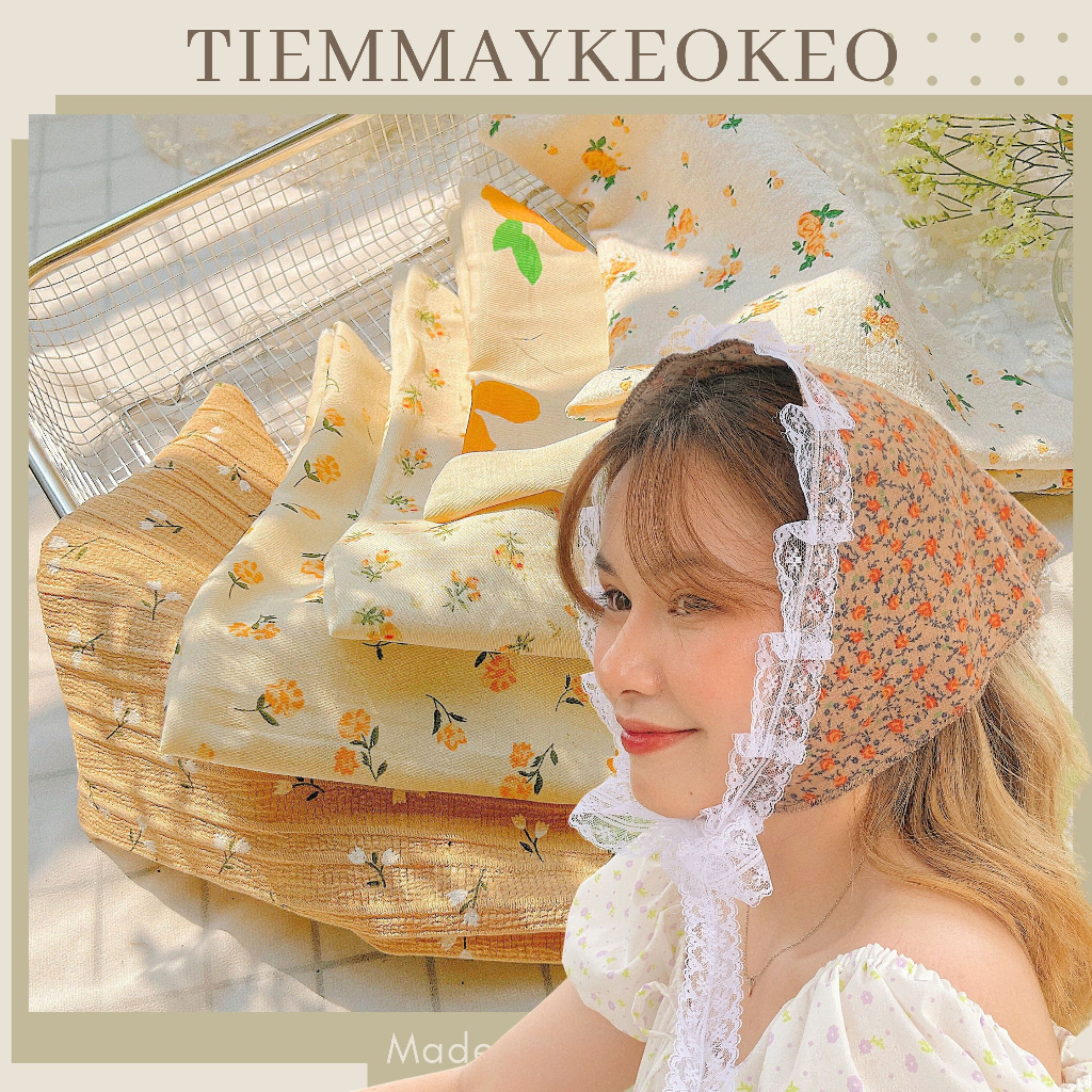 Khăn vải bandana TIEMMAYKEOKEO kích thước 50x50cm vải mềm hoạ tiết hoa hoa nhí tone nâu be ong thời trang nữ