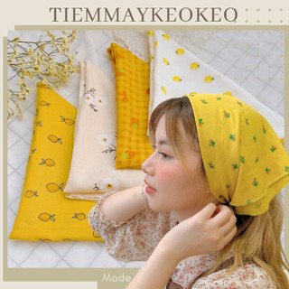 Khăn vải bandana turban cho nữ TIEMMAYKEOKEO tone vàng cam vải cotton 100% hoa nhí mềm mại vintage kích thước 50x50 cm