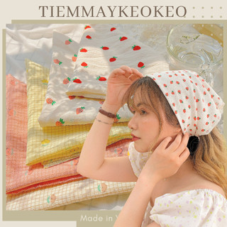 Khăn vải bandana turban trái cây TIEMMAYKEOKEO vải xốp hoa nhí mùa hè đi biển mềm mại dễ thương kích thước 50x50cm