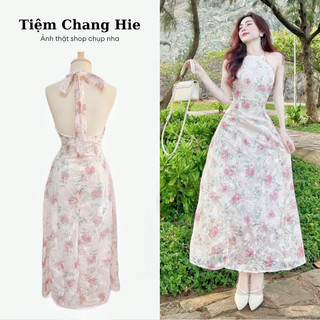 Đầm đi biển maxi hoa hồng thêu cổ yếm | Váy công chúa tiểu thư đi tiệc du lịch sinh nhật kỉ yếu
