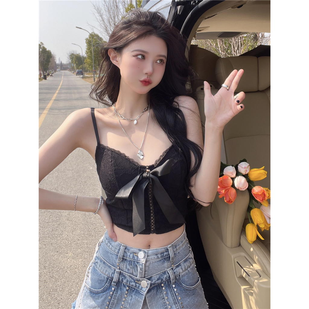 Áo croptop kiểu corset phong cách nhẹ nhàng nữ tính phối nơ trước ngực